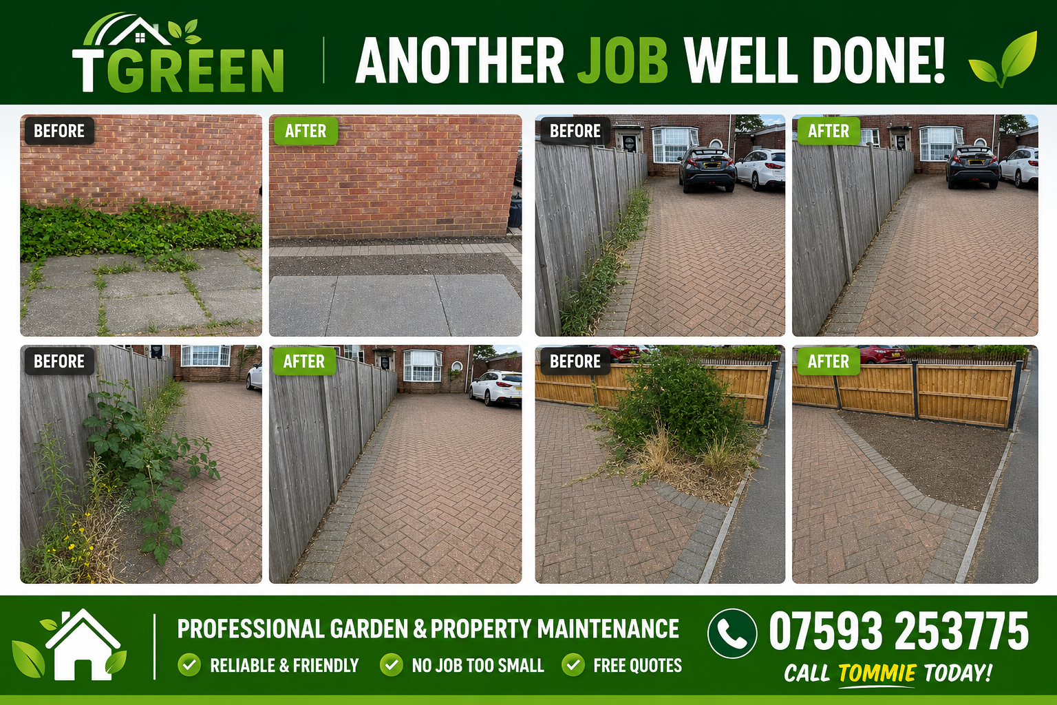 Before and after photos of driveway and patio jet washing and weed clearance by T Green