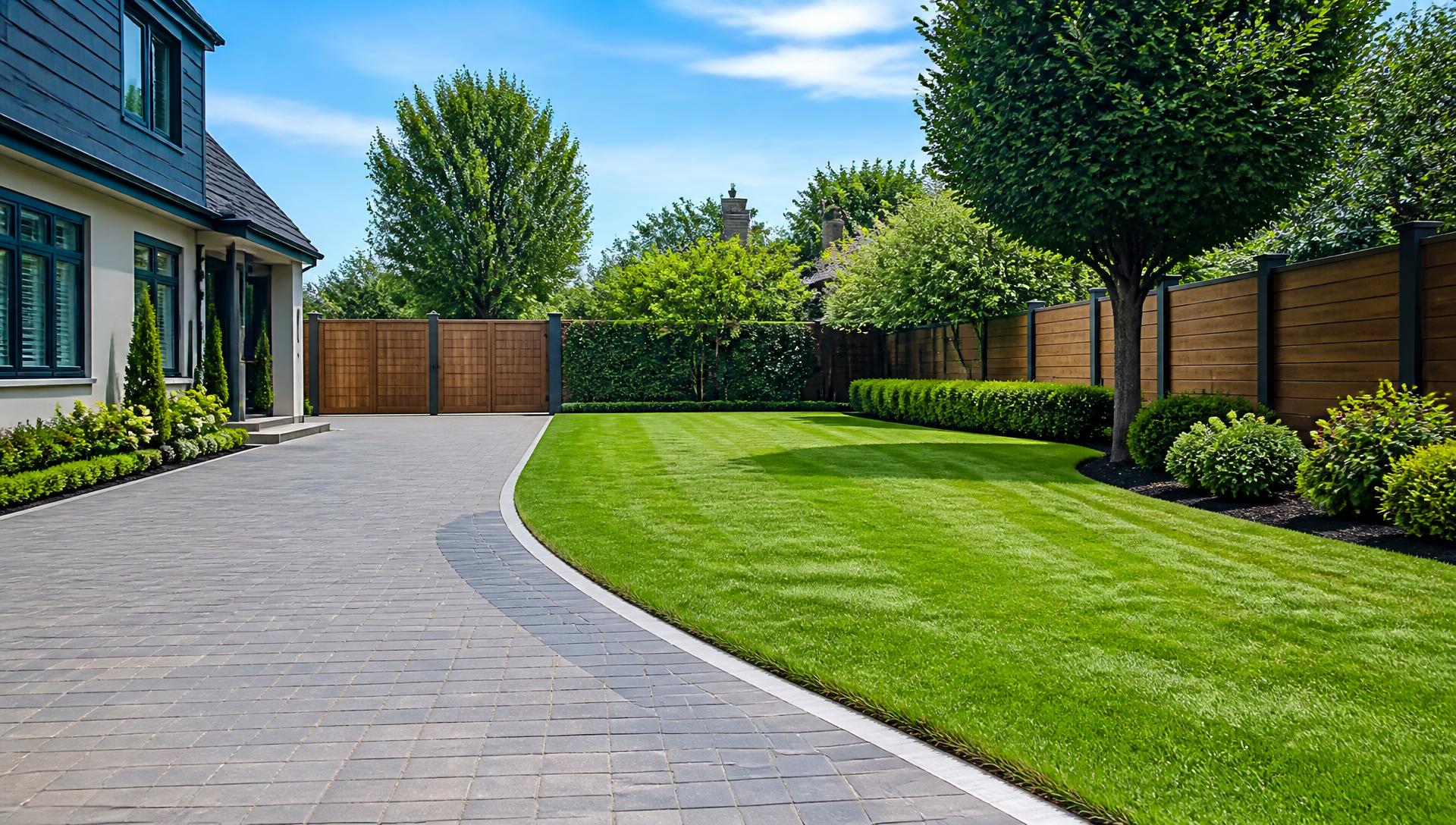A neatly maintained garden with striped lawn, trimmed hedges and a clean block-paved driveway